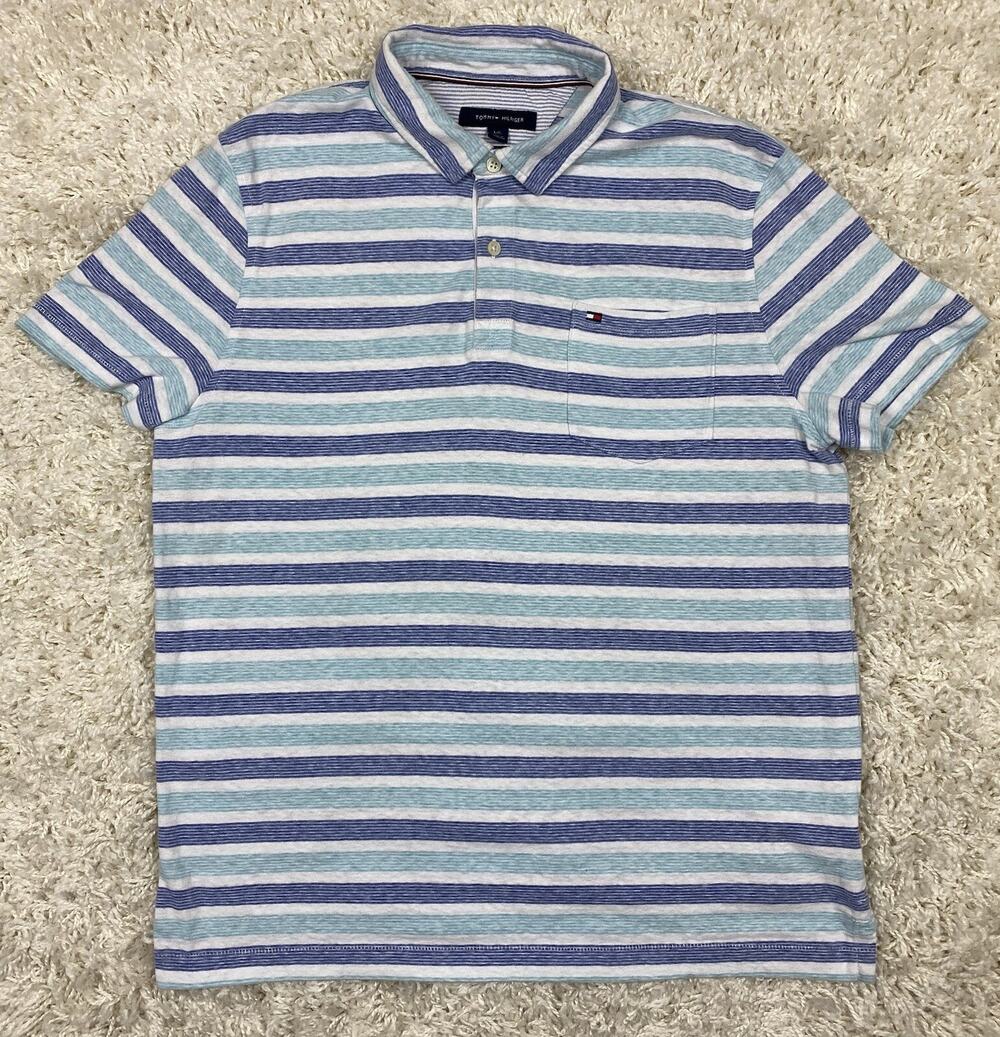 Tommy Hilfiger Mens Polo Shirt Sz L Custom Fit Blue Teal Striped Pocket Cotton